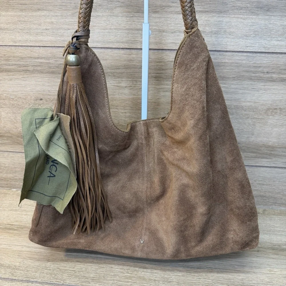 Vilenca Holland Suede Slouchy Hobo Shoulder Bag Brown Boho Whipstitch Tassel